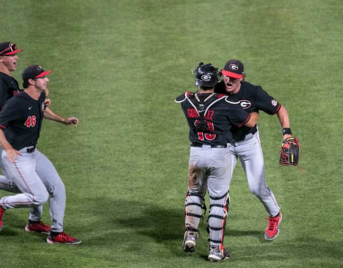 Georgia's Leighton Finley (12) celebrates the Bulldogs 13-11 win over Florida, Friday, April 14, 2023, at Condron Family Baseball Park in Gainesville, Florida. (Cyndi Chambers / USA TODAY NETWORK).